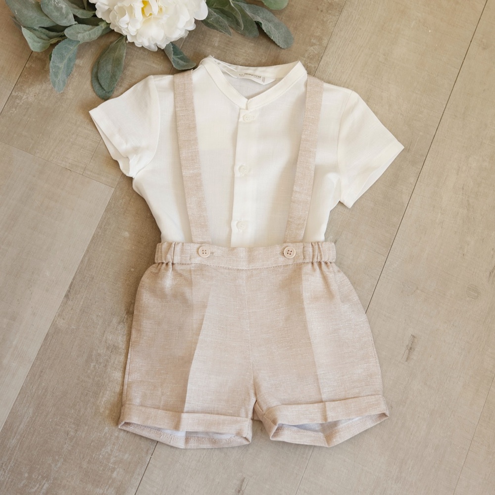 Linen Khaki/Beige Short Suspender Set Off-White Shirt Ring Bearer Portraits NWT